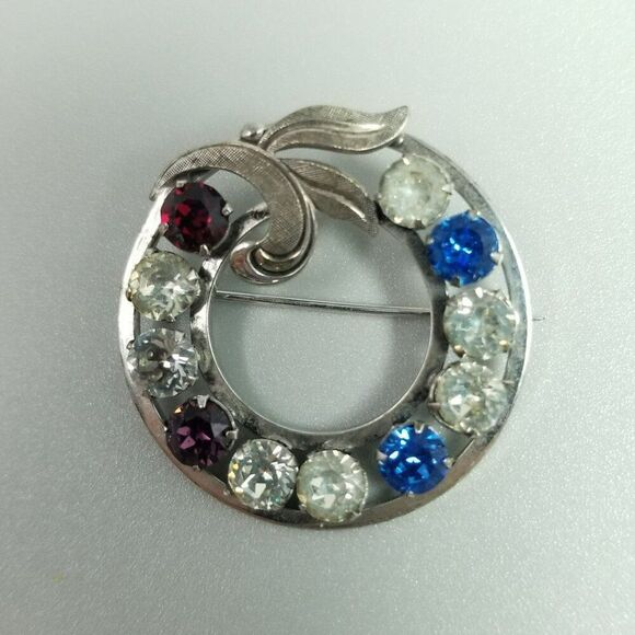 Vintage Sterling Silver Rhinestone Circle Wreath Brooch, Blue Red, Signed - Picture 2 of 8